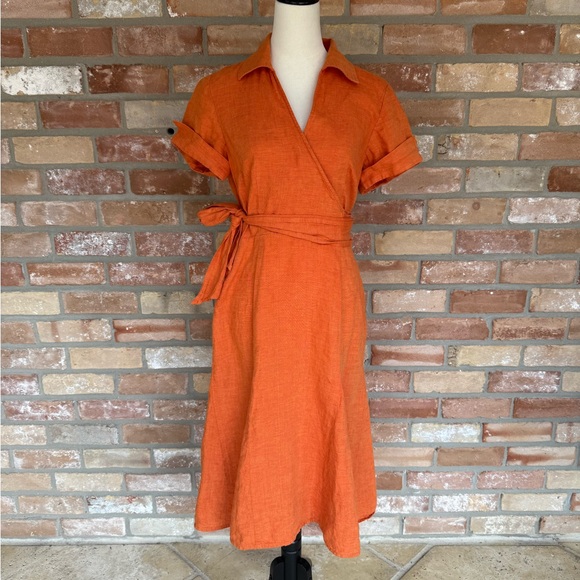 Kasper 100% Linen Orange Autumn Midi Wrap Dress with flared bottom Size 10 - Picture 1 of 10